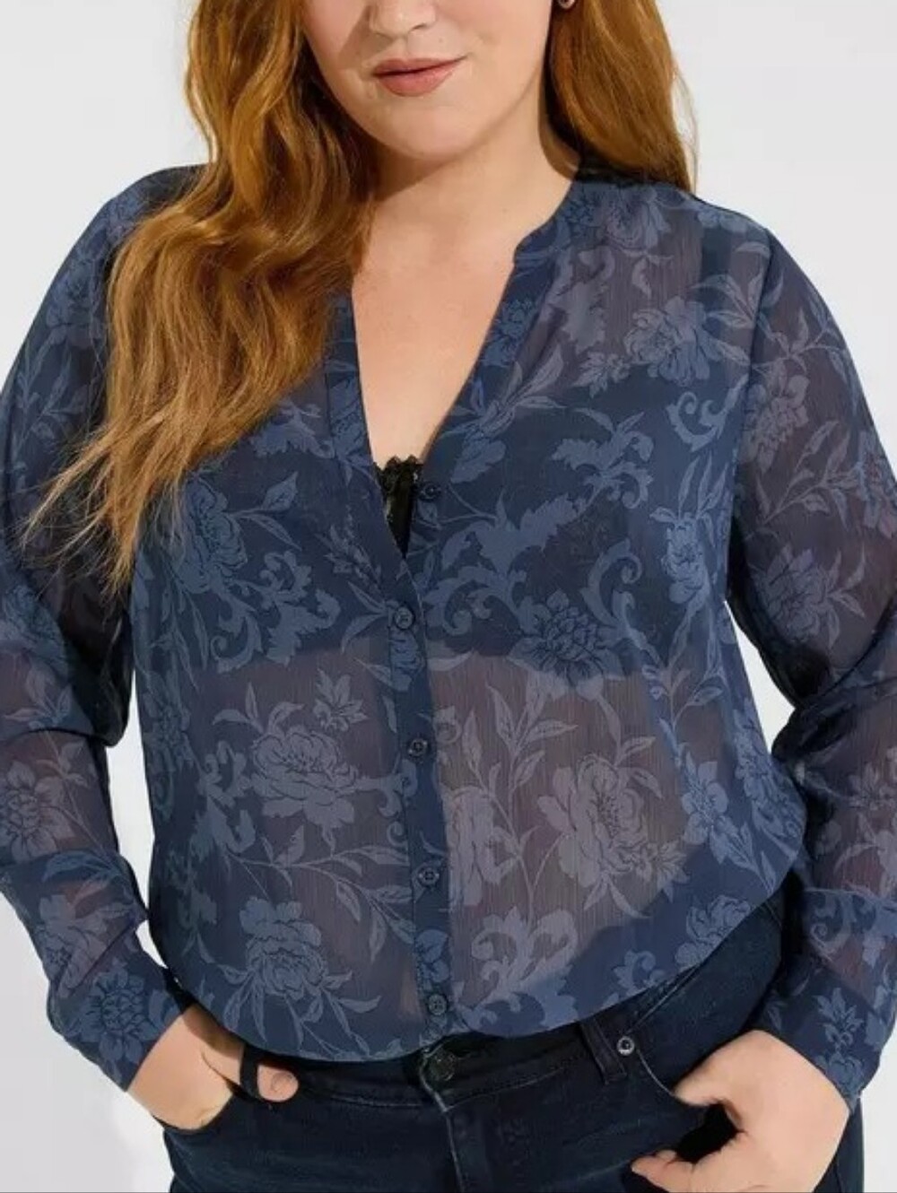 Torrid | Floral Chiffon Button Down Shirt Blouse Blue Sheer Long Sleeve Size 3